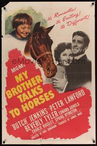 9p522 MY BROTHER TALKS TO HORSES 1sh '47 art of Butch Jenkins & race horse, Peter Lawford, Tyler