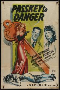 9p615 PASSKEY TO DANGER 1sh '46 cool sexy bad girl with gun image with giant key in background!
