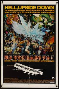 9p637 POSEIDON ADVENTURE 1sh '72 art of Gene Hackman & Stella Stevens escaping by Mort Kunstler!