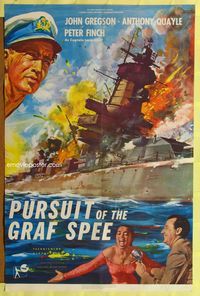 9p654 PURSUIT OF THE GRAF SPEE 1sh '57 Powell & Pressburger, great art of exploding ship!