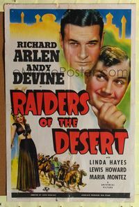 9p660 RAIDERS OF THE DESERT 1sh '41 Richard Arlen, Andy Devine, Linda Hayes, cool Arabian art!