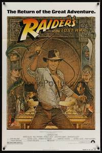 9p661 RAIDERS OF THE LOST ARK 1sh R82 great art of adventurer Harrison Ford by Richard Amsel!