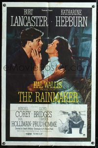 9p662 RAINMAKER 1sh '56 great romantic close up of Burt Lancaster & Katharine Hepburn!