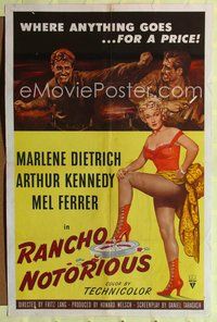 9p669 RANCHO NOTORIOUS 1sh '52 Fritz Lang directed, art of sexy Marlene Dietrich showing leg!