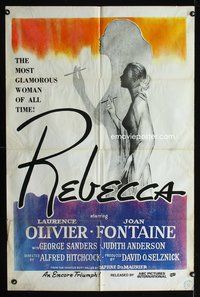 9p670 REBECCA 1sh R70s Alfred Hitchcock, profile art of smoking Joan Fontaine!
