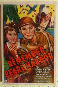 9p681 REMEMBER PEARL HARBOR 1sh '42 Donald Red Barry & Fay McKenzie are fightin' mad!