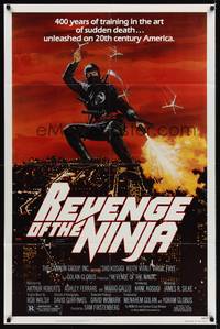 9p688 REVENGE OF THE NINJA 1sh '83 cool artwork of ninja throwing weapons in mid-air!