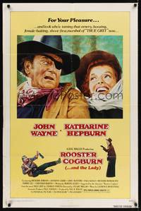 9p710 ROOSTER COGBURN 1sh '75 great art of John Wayne with eye patch & Katharine Hepburn!