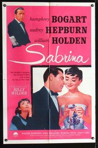 9p718 SABRINA 1sh R62 artwork of Audrey Hepburn, Humphrey Bogart, William Holden!