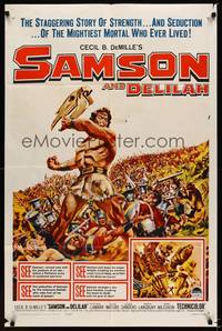 9p720 SAMSON & DELILAH 1sh R60 art of Victor Mature in battle, Cecil B. DeMille!