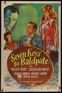 9p741 SEVEN KEYS TO BALDPATE style A 1sh '47 art of sexy Jacqueline White & Phillip Terry!