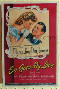 9p780 SO GOES MY LOVE 1sh '46 wonderful romantic art of Myrna Loy & Don Ameche!