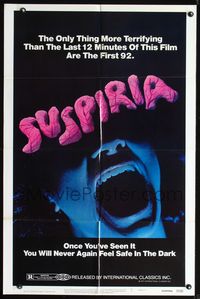 9p839 SUSPIRIA 1sh '77 classic Dario Argento horror, cool close up screaming mouth image!