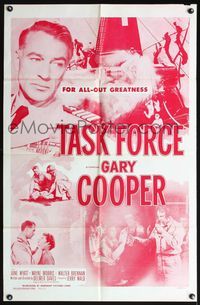 9p854 TASK FORCE 1sh R56 great close-up of Gary Cooper in uniform!