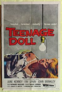 9p859 TEENAGE DOLL 1sh '57 art of sexy tempted & tarnished bad girl violently thrown aside!