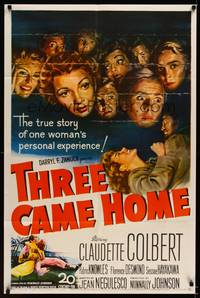 9p883 THREE CAME HOME 1sh '49 artwork of Claudette Colbert & prison women without their men!