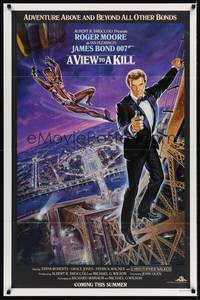 9p931 VIEW TO A KILL advance 1sh '85 art of Moore as Bond & Grace Jones in parachute by Gouzee!