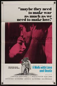 9p943 WALK WITH LOVE & DEATH int'l 1sh '69 John Huston, Anjelica Huston romantic close up!