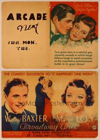 9r070 BROADWAY BILL herald '34 Frank Capra horse racing comedy, art of Warner Baxter & Myrna Loy!