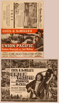 9r148 UNION PACIFIC herald '39 Cecil B. DeMille, Barbara Stanwyck, Joel McCrea & cool train art!