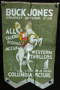 9r007 BUCK JONES BANNER cloth banner '30s great image of the cowboy star on horse!