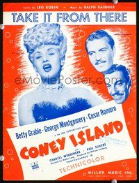 9r224 CONEY ISLAND sheet music '43 Betty Grable, Cesar Romero, Montgomery, Take It From There!