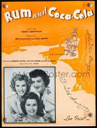9r289 RUM & COCA-COLA sheet music '44 portrait of the Andrews Sisters + cool artwork!