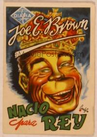 9r177 FIT FOR A KING Spanish herald '37 best cartoon art of Joe E. Brown wearing crown by Concheso!