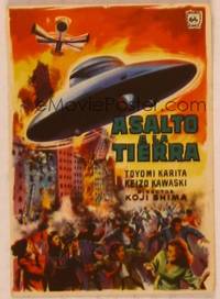 9r200 WARNING FROM SPACE Spanish herald '56 Japanese sci-fi, cool art of UFO attacking city!