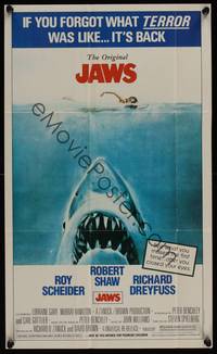 9r035 JAWS special 12x20 '81 art of Steven Spielberg's man-eating shark attacking sexy swimmer!