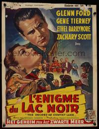 9t424 SECRET OF CONVICT LAKE Belgian '51 romantic art of Gene Tierney & Glenn Ford!