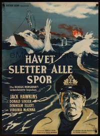 9t040 CRUEL SEA Danish '53 Wenzel art of ship captain Jack Hawkins with ships at sea!