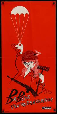 9t458 BABETTE GOES TO WAR red style French 15x31 '59 great artwork of soldier Brigitte Bardot!