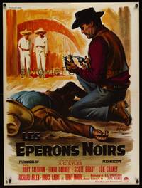9t581 BLACK SPURS French 23x31 '65 great Boris Grinsson artwork of cowboy Rory Calhoun!