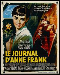 9t487 DIARY OF ANNE FRANK French 18x22 '59 great artwork of Millie Perkins by Boris Grinsson!