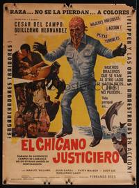 9t081 EL CHICAN JUSTICIERO Mexican poster '77 Cesar del Campo, Guillermo Hernandez, sexy girls!