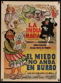 9t084 EL MIEDO NO ANDA EN BURRO Mexican poster '76 artwork of girl & lots of creepy monsters!