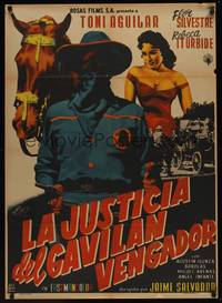 9t098 LA JUSTICIA DEL GAVILAN VENGADOR Mexican poster '57 Jaime Salvador, masked bad guy art!