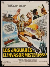 9t109 LOS JAGUARES CONTRA EL INVASOR MISTERIOSO Mexican poster '75 cool artwork of luchador!