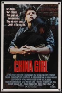 9v056 CHINA GIRL 1sh '87 directed by Abel Ferrara, Richard Panebianco holds Sari Chang!