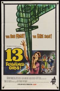9x003 13 FRIGHTENED GIRLS 1sh '63 William Castle, cool plunging knife & screaming women artwork!