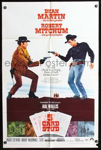9x013 5 CARD STUD 1sh '68 Dean Martin & Robert Mitchum play poker & point guns at each other!