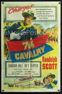 9x014 7th CAVALRY 1sh '56 Randolph Scott avenges General Custer & the massacre at Little Big Horn!