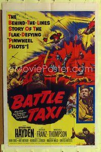 9x044 BATTLE TAXI 1sh '55 Sterling Hayden, Arthur Franz, fiery action art of helicopter rescue!