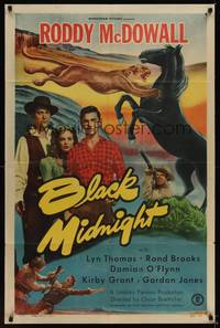 9x056 BLACK MIDNIGHT 1sh '49 Budd Boetticher, Roddy McDowall, big cat attacking horse art!