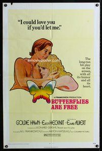 9x082 BUTTERFLIES ARE FREE 1sh '72 by Eileen Heckart, art of Goldie Hawn & blind Edward Albert!