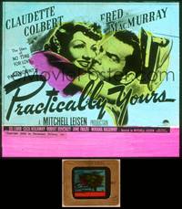 9z109 PRACTICALLY YOURS glass slide '44 art of Claudette Colbert hugging pilot Fred MacMurray!