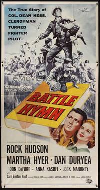 1a379 BATTLE HYMN 3sh '57 art of Rock Hudson as clergyman turned fighter pilot!