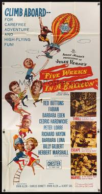 1a432 FIVE WEEKS IN A BALLOON 3sh '62 Jules Verne, Red Buttons, Fabian, Barbara Eden, climb aboard!