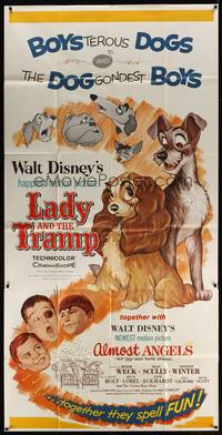 1a487 LADY & THE TRAMP/ALMOST ANGELS 3sh '62 Walt Disney double-bill w/cool canine art!
